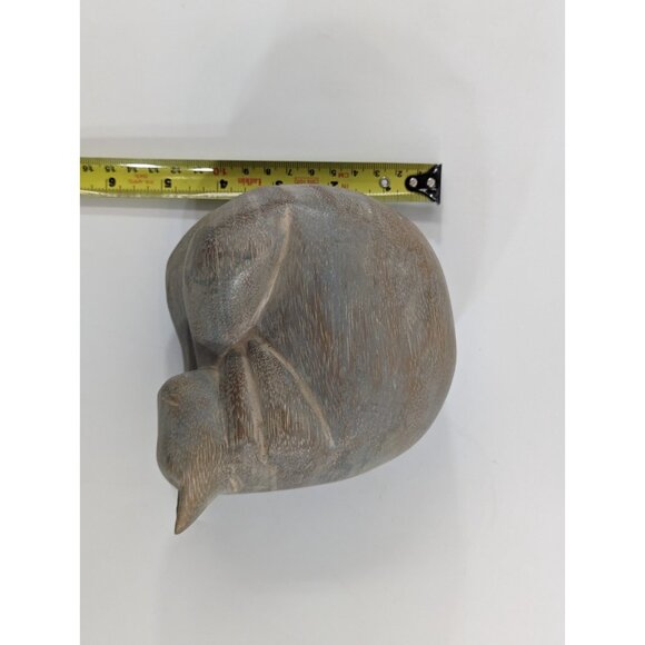 Curled Up Sleeping Cat Figurine Carved Etched Wood Gray Vtg Kitten Statue 5" - Picture 8 of 9